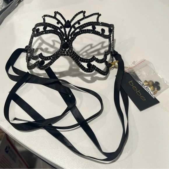 Bebe Masquerade Black Rhinestones Is Mask, Mardi Gras Mask, Metal - Picture 5 of 7